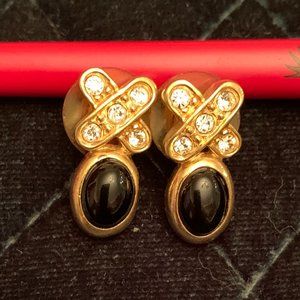 Avon Vintage Pierced Black Onyx  and X sign  in Gold tone with Rhinestones.